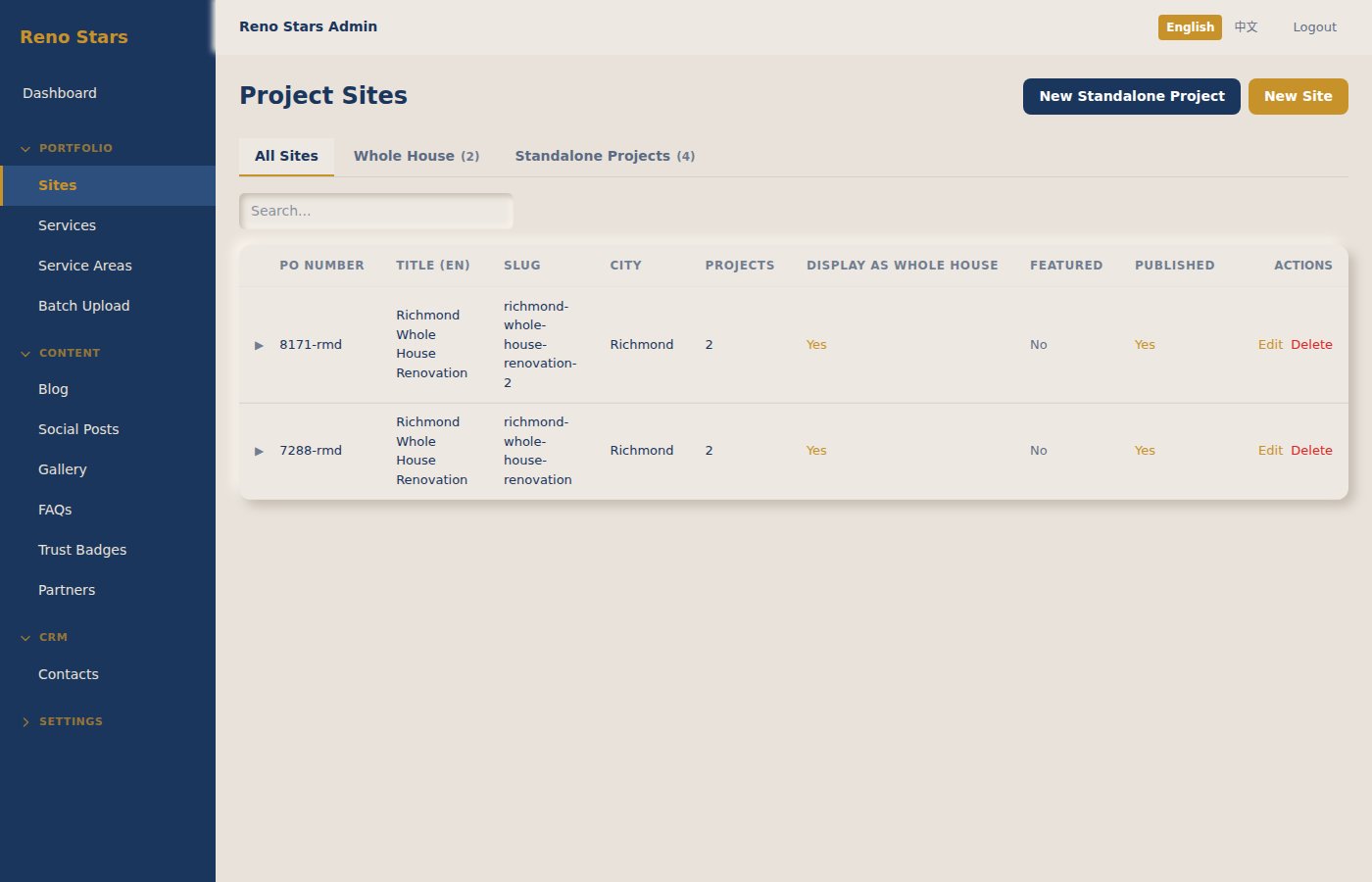 Project management — clean table with search, tabs, and inline actions